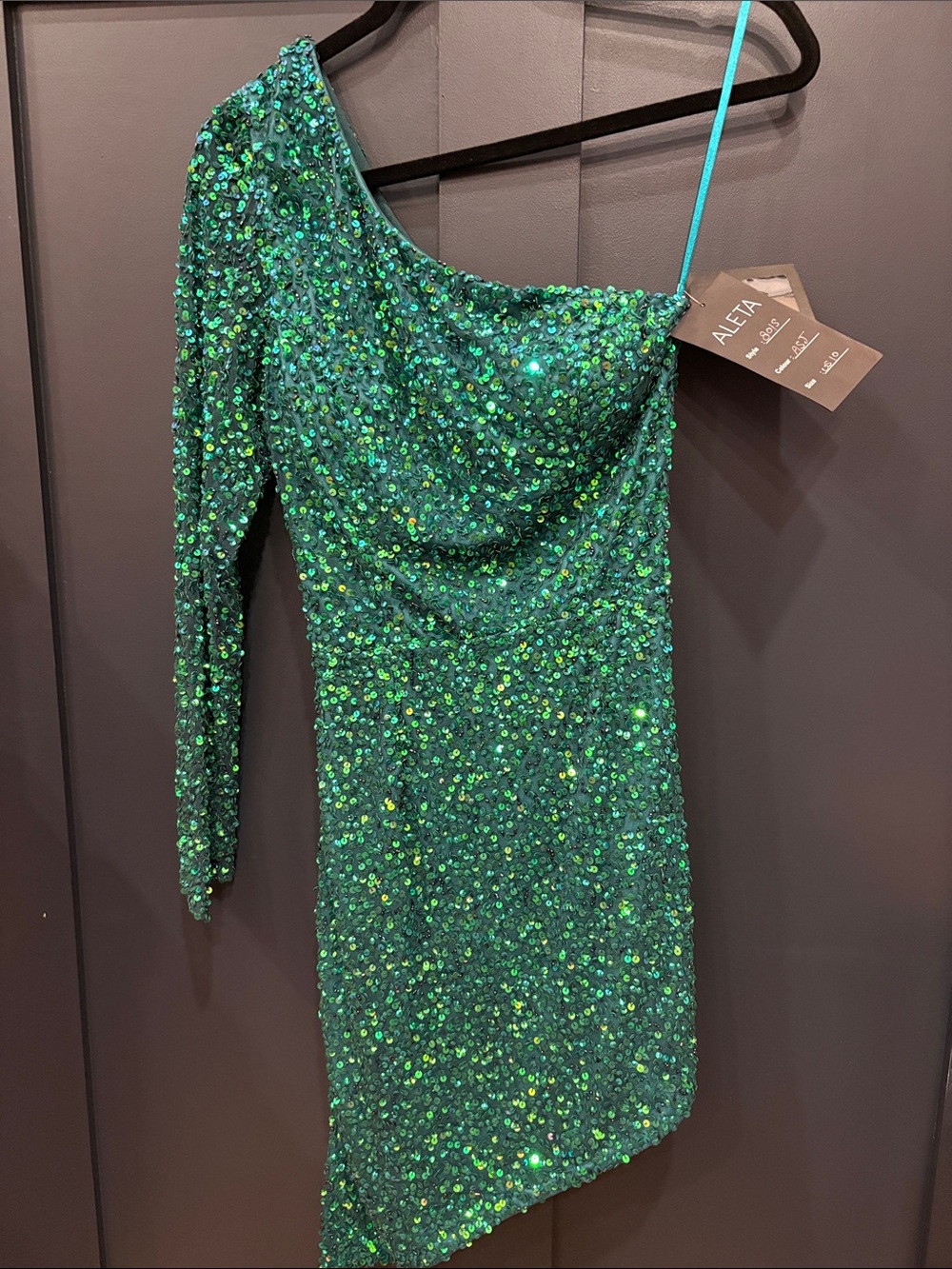 672. Aleta 801 One-Shoulder Emerald Sequin Asymmetrical Fringe Mini Dress